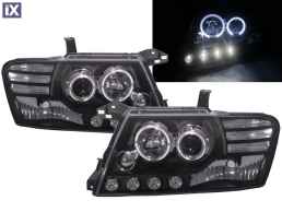 Φανάρια εμπρός angel eyes για Mitsubishi Pajero (2001-2006) - μαύρα , με λάμπες (Η1) - σετ 2τμχ.