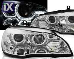 Φανάρια εμπρός angel eyes για BMW X5 (2007-2010) - 3D Design , με λάμπες (Η1) - σετ 2τμχ.