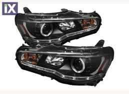 Φανάρια εμπρός led για Mitsubishi Lancer (2008-2011) - μαύρα , με λάμπες (Η1) - σετ 2τμχ.