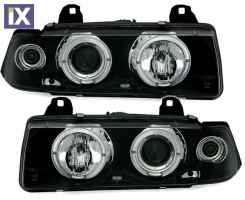 Φανάρια εμπρός angel eyes για BMW E36 (1991-1999) 4d sedan - black , με λάμπες (Η1) - σετ 2τμχ.