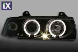 Φανάρια εμπρός angel eyes για BMW E36 (1991-1999) 4d sedan - black , με λάμπες (Η1) - σετ 2τμχ.