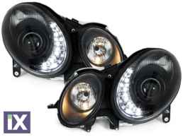 Φανάρια εμπρός led για Mercedes W211 E-Class (2002-2006) , μαύρα , με λάμπες (Η1) - σετ 2τμχ.