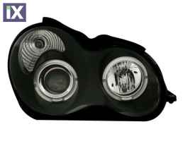 Φανάρια εμπρός για Mercedes C-CLASS W203 sedan (2000-2006) - με angel eyes , μαύρα , με λάμπες (Η1) - σετ 2τμχ.