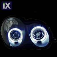 Φανάρια εμπρός για Mercedes C-CLASS W203 sedan (2000-2006) - με angel eyes , μαύρα , με λάμπες (Η1) - σετ 2τμχ.