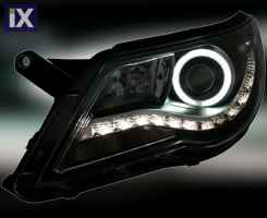 Φανάρια εμπρός led/angel eyes για Vw Tiguan (2007-2011) , μαύρα , με λάμπες (Η1) - σετ 2τμχ.