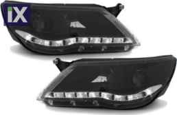 Φανάρια εμπρός led για Vw Tiguan (2007-2011) , μαύρα , με λάμπες (Η1) - σετ 2τμχ.