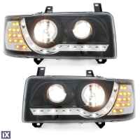 Φανάρια εμπρός led για Vw Transporter T4 (1990-2003) , μαύρα , με λάμπες (Η1) - σετ 2τμχ.