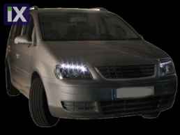 Φανάρια εμπρός led για Vw Touran / Caddy (2003-2006) , μαύρα , με λάμπες (Η1) - σετ 2τμχ.