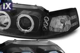 Φανάρια εμπρός led angel eyes για Ford Mustang (1998-2004) , μαύρα , με λάμπες (Η1) - σετ 2τμχ.