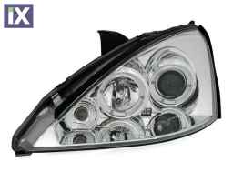 Φανάρια εμπρός angel eyes για Ford Focus (1998-2001) - chrome , με λάμπες (Η1) - σετ 2τμχ.