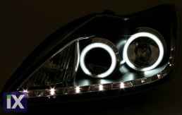 Φανάρια εμπρός led angel eyes για Ford Focus (2008-2011) - chrome , με λάμπες (Η1) - σετ 2τμχ.