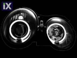 Φανάρια εμπρός angel eyes για Mercedes CLK W208 (1997-2002) - μαύρα , με λάμπες (Η1) - σετ 2τμχ.