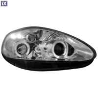 Φανάρια εμπρός angel eyes για Fiat Grande Punto (2005+) - chrome , με λάμπες (Η1) - σετ 2τμχ.