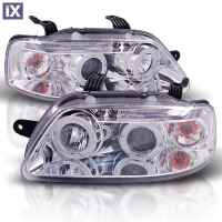 Φανάρια εμπρός led angel eyes για Chevrolet Aveo (2003-2006) - chrome , με λάμπες (Η1) - σετ 2τμχ.