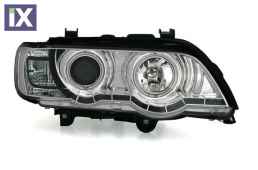 Φανάρια εμπρός Dayline & angel eyes για BMW X5 (1999-2003) - chrome , με λάμπες (Η1) - σετ 2τμχ.