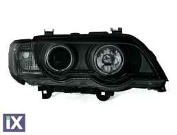 Φανάρια εμπρός με φώτα ημέρας και angel eyes για BMW X5 (1999-2003) - μαύρα , με λάμπες (Η1) - σετ 2τμχ.