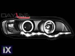 Φανάρια εμπρός με φώτα ημέρας και angel eyes για BMW X5 (1999-2003) - μαύρα , με λάμπες (Η1) - σετ 2τμχ.