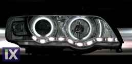 Φανάρια εμπρός με φώτα ημέρας και angel eyes για BMW X5 (1999-2003) - μαύρα , με λάμπες (Η1) - σετ 2τμχ.