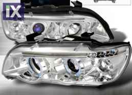 Φανάρια εμπρός angel eyes για BMW X5 E53 (1999-2003) - chrome , με λάμπες (Η1) - σετ 2τμχ.