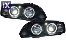 Φανάρια εμπρός angel eyes για BMW X5 (1999-2003) - μαύρα , με λάμπες (Η1) - σετ 2τμχ.