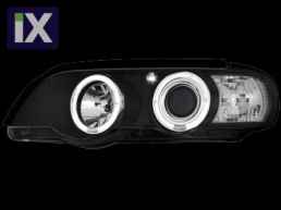 Φανάρια εμπρός angel eyes για BMW X5 (1999-2003) - μαύρα , με λάμπες (Η1) - σετ 2τμχ.