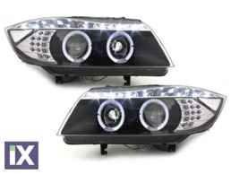 Φανάρια εμπρός led angel eyes για BMW E90(2005-2008) - black , με λάμπες (Η1) - σετ 2τμχ.