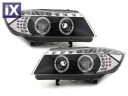 Φανάρια εμπρός led angel eyes για BMW E90(2005-2008) - black , με λάμπες (Η1) - σετ 2τμχ.