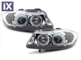 Φανάρια εμπρός angel eyes για BMW E90 (2005+) - chrome , με λάμπες (Η1) - σετ 2τμχ.