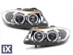 Φανάρια εμπρός angel eyes για BMW E90 (2005+) - chrome , με λάμπες (Η1) - σετ 2τμχ.