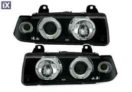 Φανάρια εμπρός angel eyes για Bmw E36 (1991-1999) - 2D coupe - μαύρα , με λάμπες (Η1) - σετ 2τμχ.