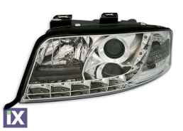 Φανάρια εμπρός με φώτα ημέρας led για Audi A6 (2001-2003) - chrome , με λάμπες (Η1) - σετ 2τμχ.