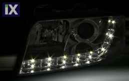 Φανάρια εμπρός με φώτα ημέρας led για Audi A6 (2001-2003) - chrome , με λάμπες (Η1) - σετ 2τμχ.