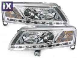 Φανάρια εμπρός για Audi A6 με φώτα ημέρας led (2004-2007) - chrome , με λάμπες (Η1) - σετ 2τμχ.