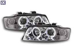 Φανάρια εμπρός angel eyes για Audi A4 (2001-2004) - chrome , με λάμπες (Η1) - σετ 2τμχ.