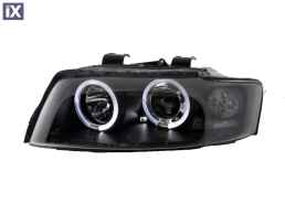 Φανάρια εμπρός angel eyes για Audi A4 (2001-2004) - μαύρα , με λάμπες (Η1) - σετ 2τμχ.