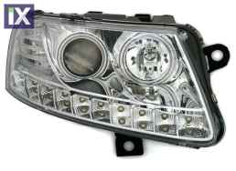 Φανάρια εμπρός angel eyes για Audi A6 led (2004-2008) - chrome , με λάμπες (Η1) - σετ 2τμχ.