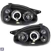 Φανάρια εμπρός angel eyes για Opel Corsa B (1993-2001) - black , με λάμπες (Η1) - σετ 2τμχ.