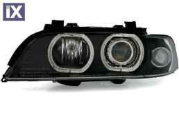 Φανάρια εμπρός angel eyes με led δαχτυλίδια για BMW E39 (1995-2000) - μαύρα , με λάμπες (Η1) - σετ 2τμχ.