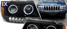 Φανάρια εμπρός led angel eyes για Jeep Grand Cherokee (1999-2005) - μαύρα , χωρίς λάμπες (Η7) - σετ 2τμχ.