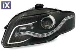 Φανάρια εμπρός led για Audi A4 B7 (2004-2008) - chrome ,μαύρα , με λάμπες (Η1) - σετ 2τμχ.