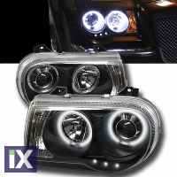 Φανάρια εμπρός angel eyes με led για Chrysler 300C (2004-2008) - μαύρα , με λάμπες (Η1) - σετ 2τμχ.