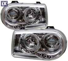 Φανάρια εμπρός angel eyes με led για Chrysler 300C (2004-2008) - chrome , με λάμπες (Η1) - σετ 2τμχ.