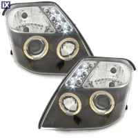 Φανάρια εμπρός angel eyes με led για Citroen C2 (2003-2008) - μαύρα , με λάμπες (Η1) - σετ 2τμχ.