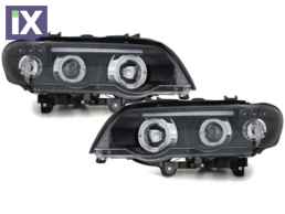 Φανάρια εμπρός angel eyes για BMW X5 (1999-2003) - black , με λάμπες (Η1) - σετ 2τμχ.