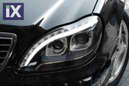 Φανάρια εμπρός led lightbar design για Mercedes W 220 S-Class (1998-2005) - μαύρα , με λάμπες (Η1) - σετ 2τμχ.