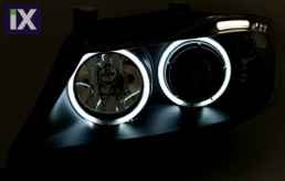 Φανάρια εμπρός angel eyes για BMW E90(2005-2009) - μαύρα , με λάμπες (Η1) - σετ 2τμχ.