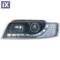 Φανάρια εμπρός led Dayline για Audi A4 (1999-2001) - με led φλας, μαύρα , με λάμπες (Η1) - σετ 2τμχ.