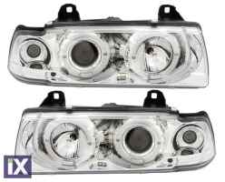 Φανάρια εμπρός angel eyes για BMW E36 (1991-1999) 2d coupe - chrome , με λάμπες (Η1) - σετ 2τμχ.