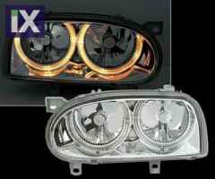 Φανάρια εμπρός angel eyes για Vw Golf 3 R32 design - chrome , με λάμπες (Η1) - σετ 2τμχ.