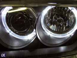 Φανάρια εμπρός angel eyes για Vw Golf 3 R32 design - μαύρα , με λάμπες (Η1) - σετ 2τμχ.